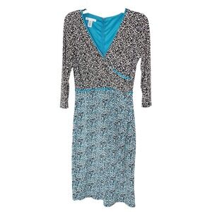 LONDON TIMES Stretch Black White Turquoise  3/4 Sleeve Wrap Dress Size 10
